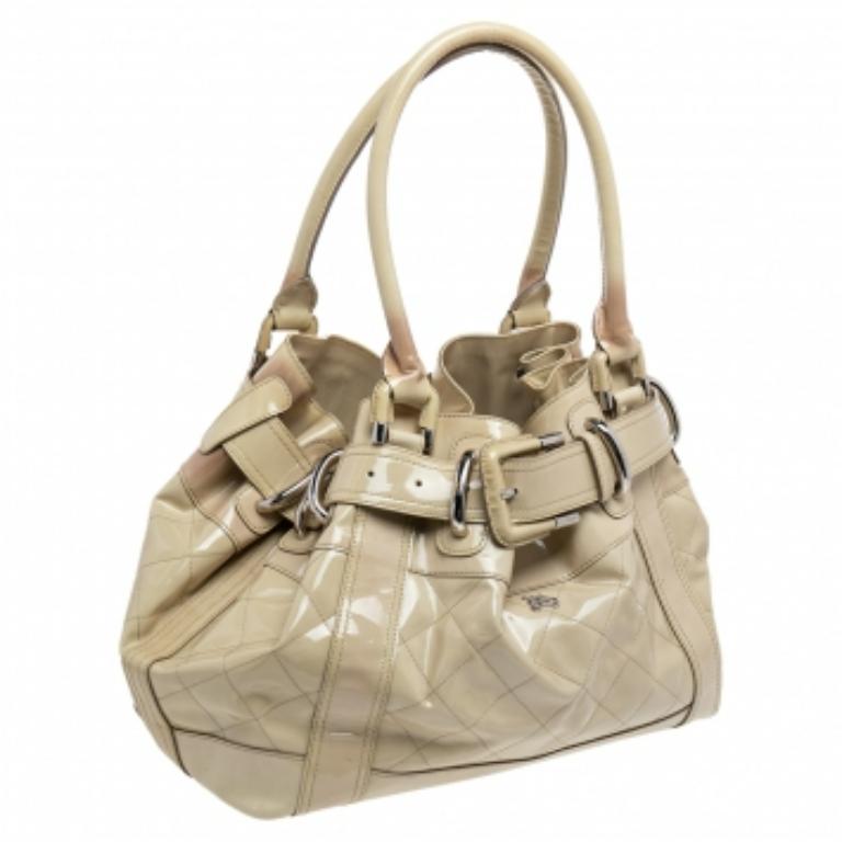 Beige Burberry Cream Quilted Patent Leather Beaton Tote