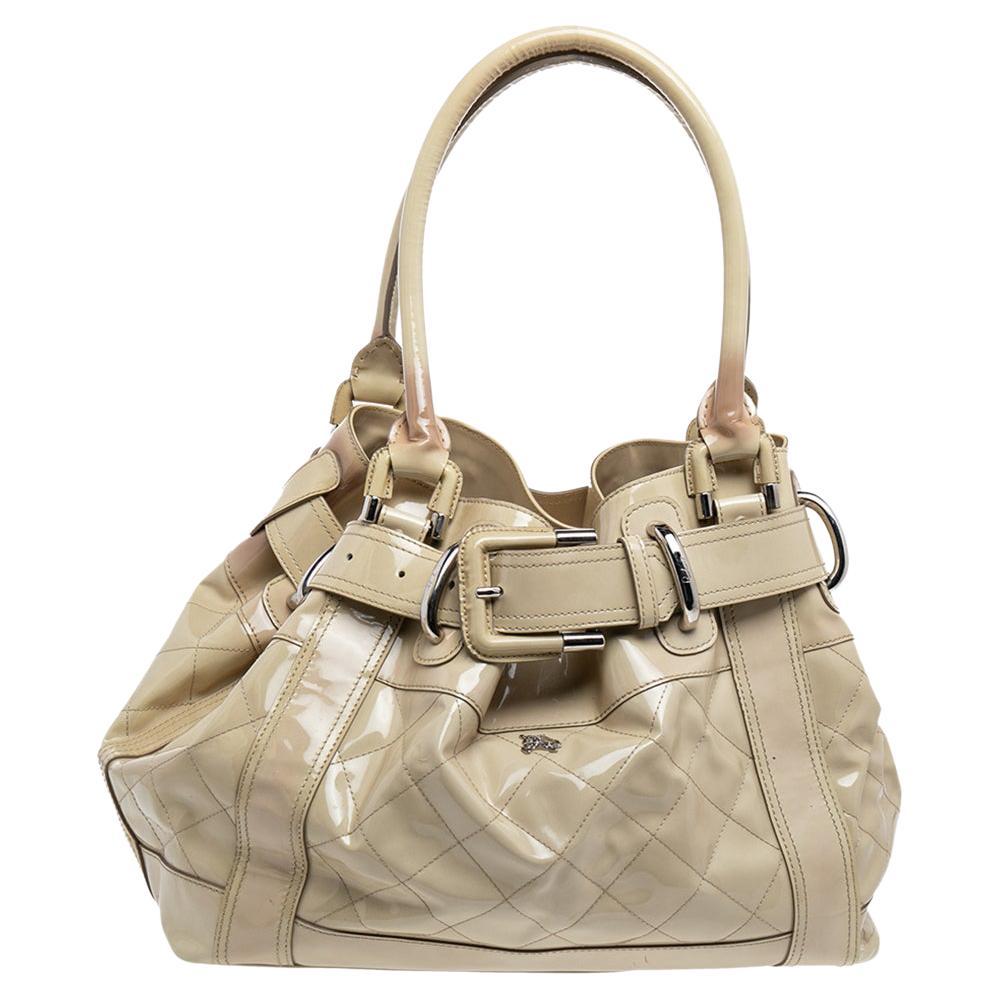 Burberry Cream Quilted Patent Leather Beaton Tote For Sale
