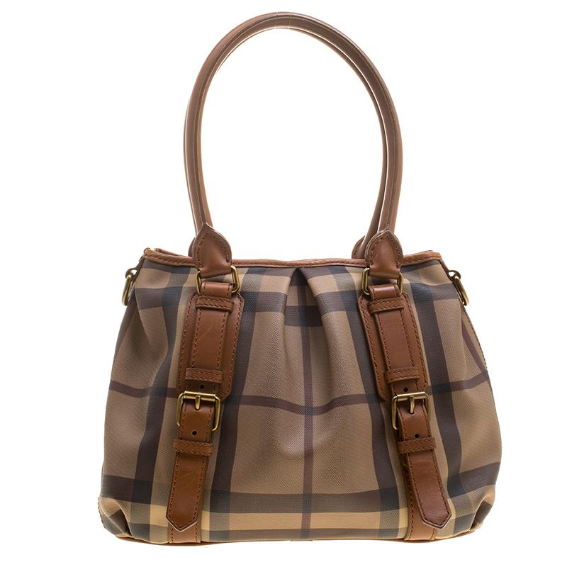 Burberry Dark Beige/Cognac Smoked Check PVC Small Northfield Tote In Good Condition In Dubai, Al Qouz 2