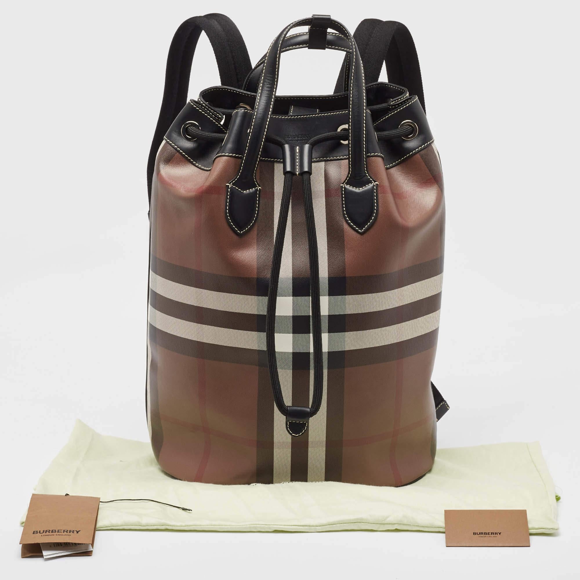 Burberry Dark Birch Brown Check Coated Canvas and Leather Drawcord Backpack For Sale 10