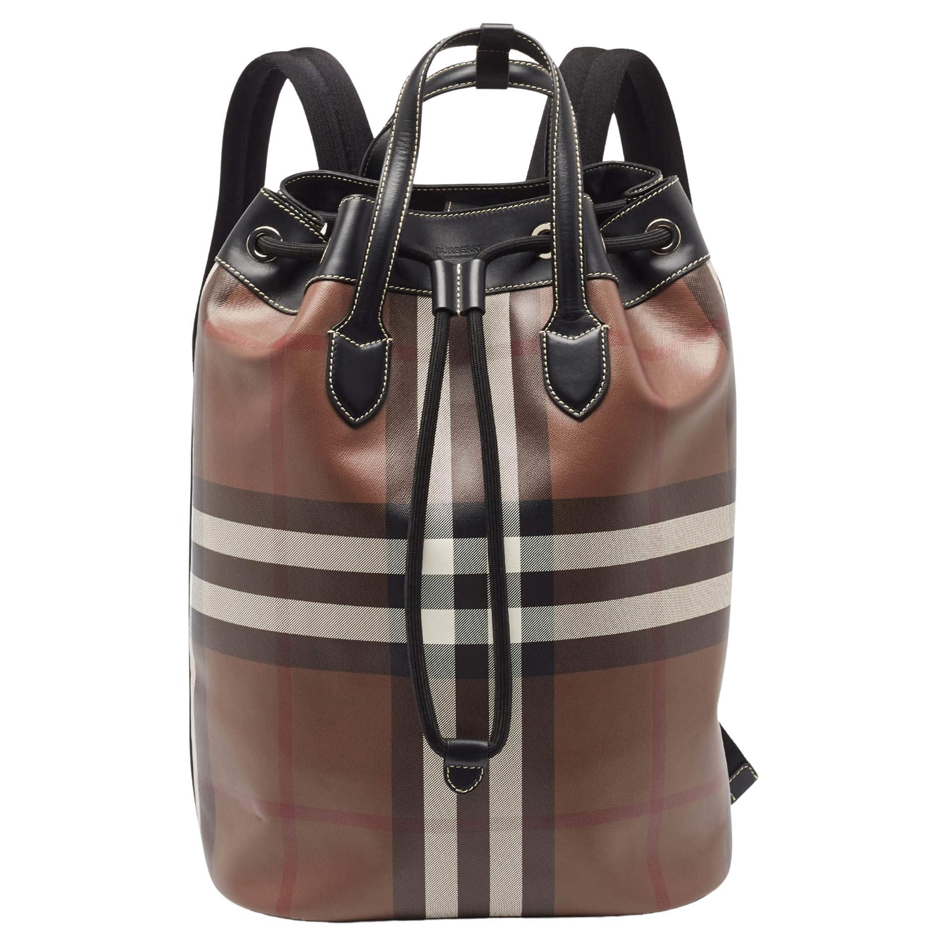 Burberry Dark Birch Brown Check Coated Canvas and Leather Drawcord Backpack For Sale