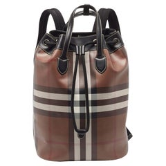 Vintage Burberry Dark Birch Brown Check Coated Canvas and Leather Drawcord Backpack