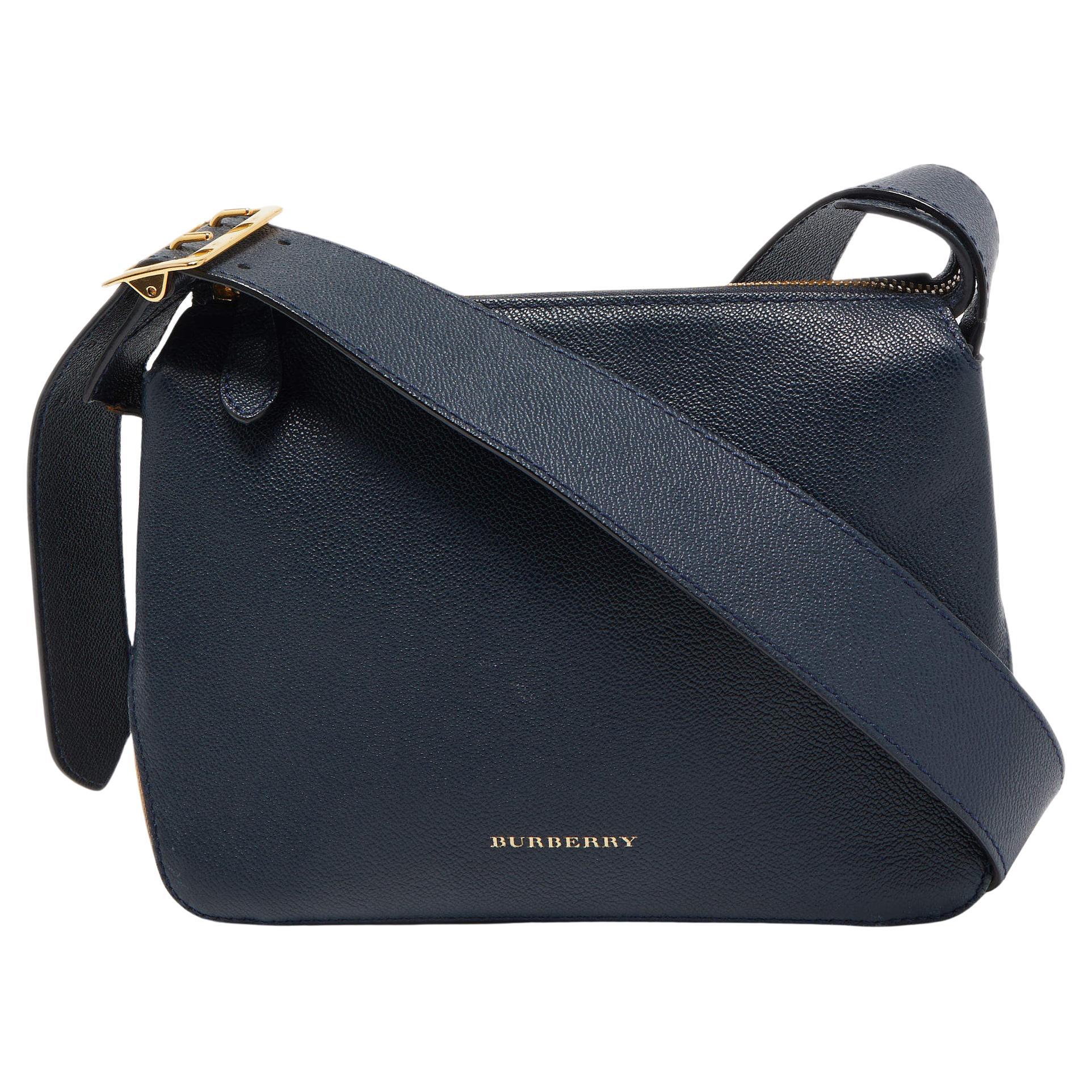 Burberry Dark Blue/Beige House Check Canvas and Leather Small Helmsley Crossbody