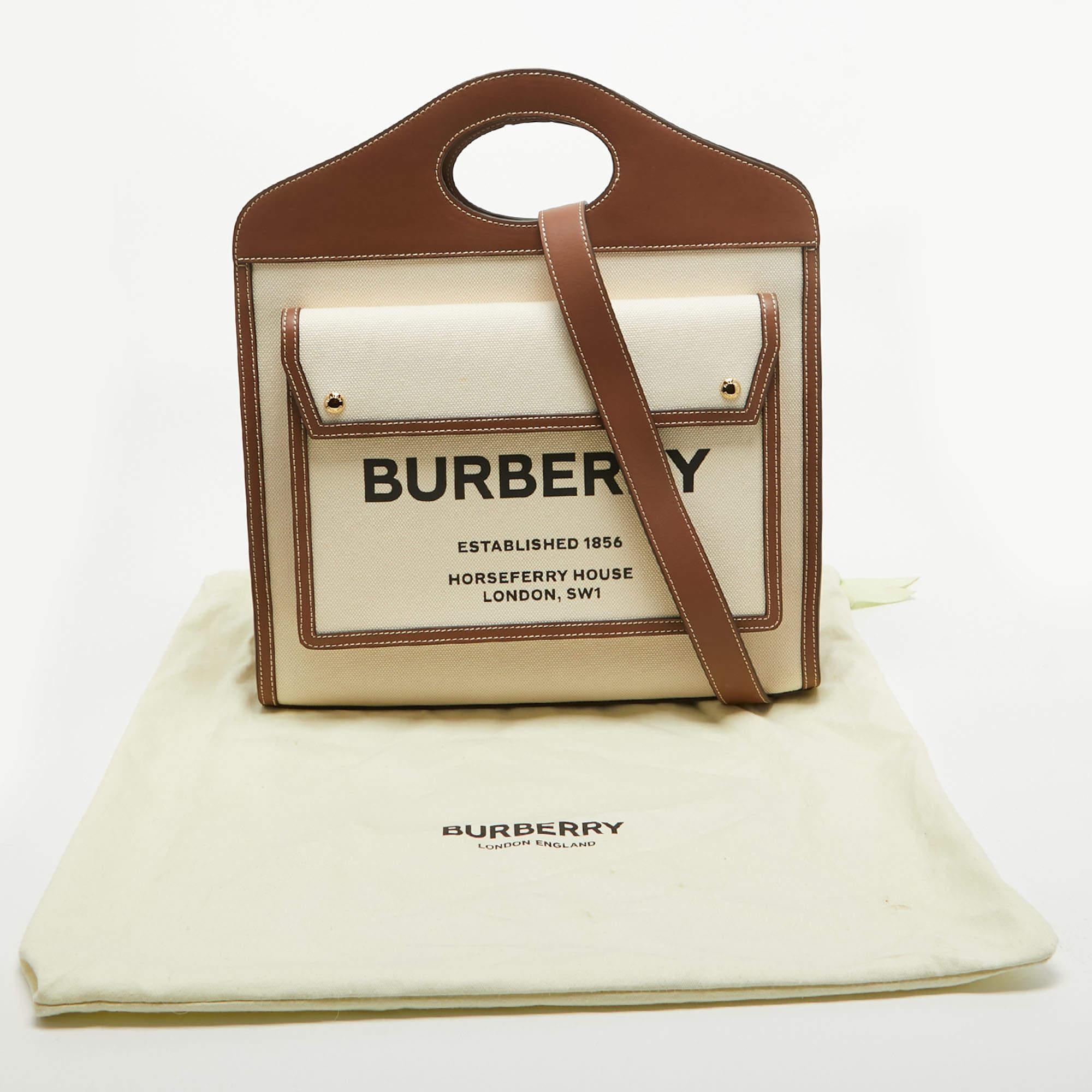 Burberry Dark Brown/Beige Canvas and Leather Medium Pocket Bag For Sale 8