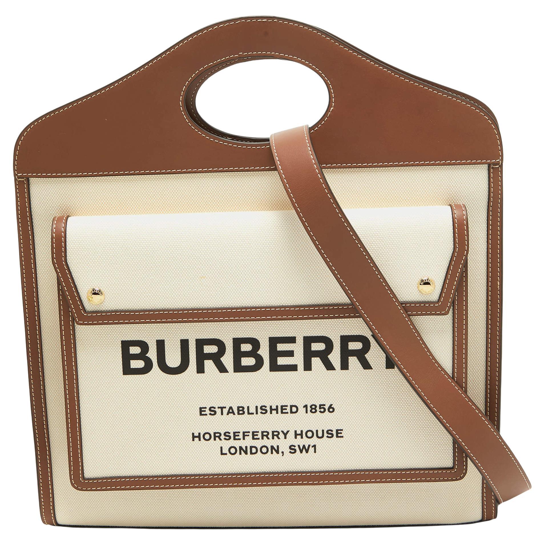 Burberry Dark Brown/Beige Canvas and Leather Medium Pocket Bag For Sale