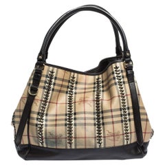 Burberry Dark Brown/Beige Haymarket Check PVC and Leather Stitched Chain Tote