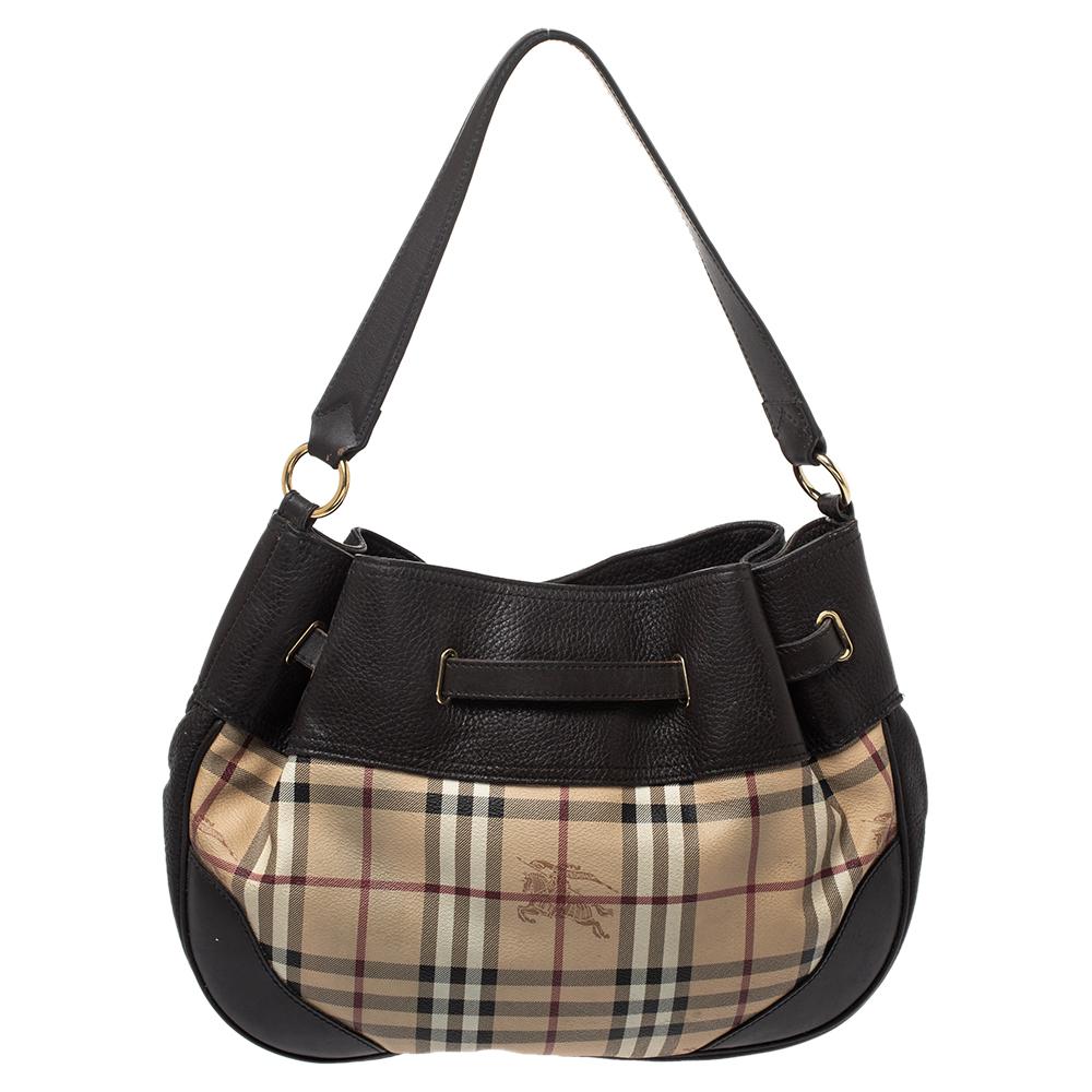 Burberry Dark Brown Beige Haymarket Check PVC and Leather