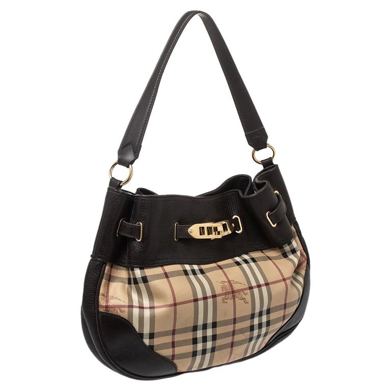 Burberry Dark Brown/Beige Haymarket Check PVC and Leather WIllenmore Hobo  For Sale at 1stDibs