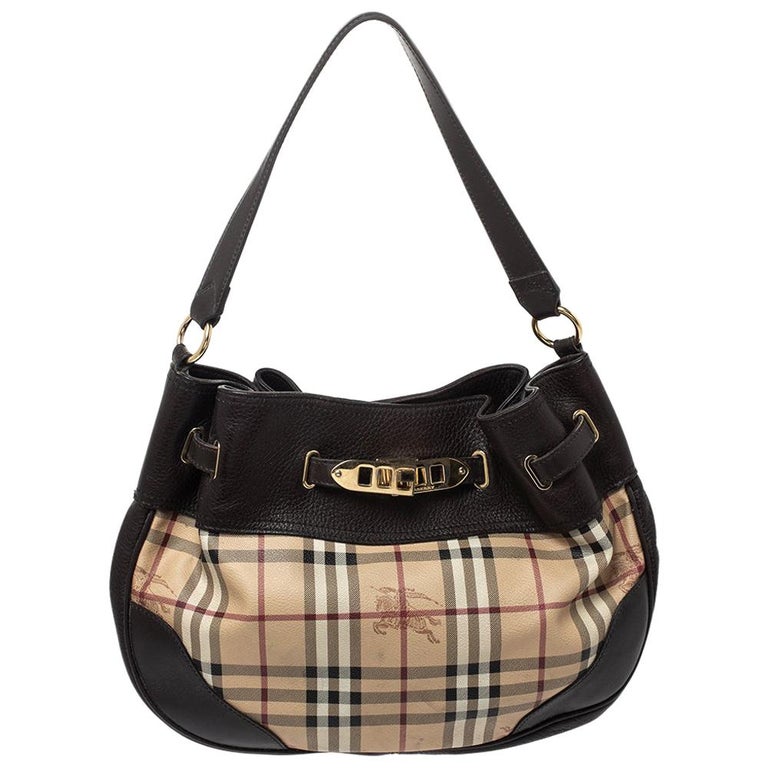 Burberry Dark Brown/Beige Haymarket Check PVC and Leather WIllenmore Hobo  at 1stDibs