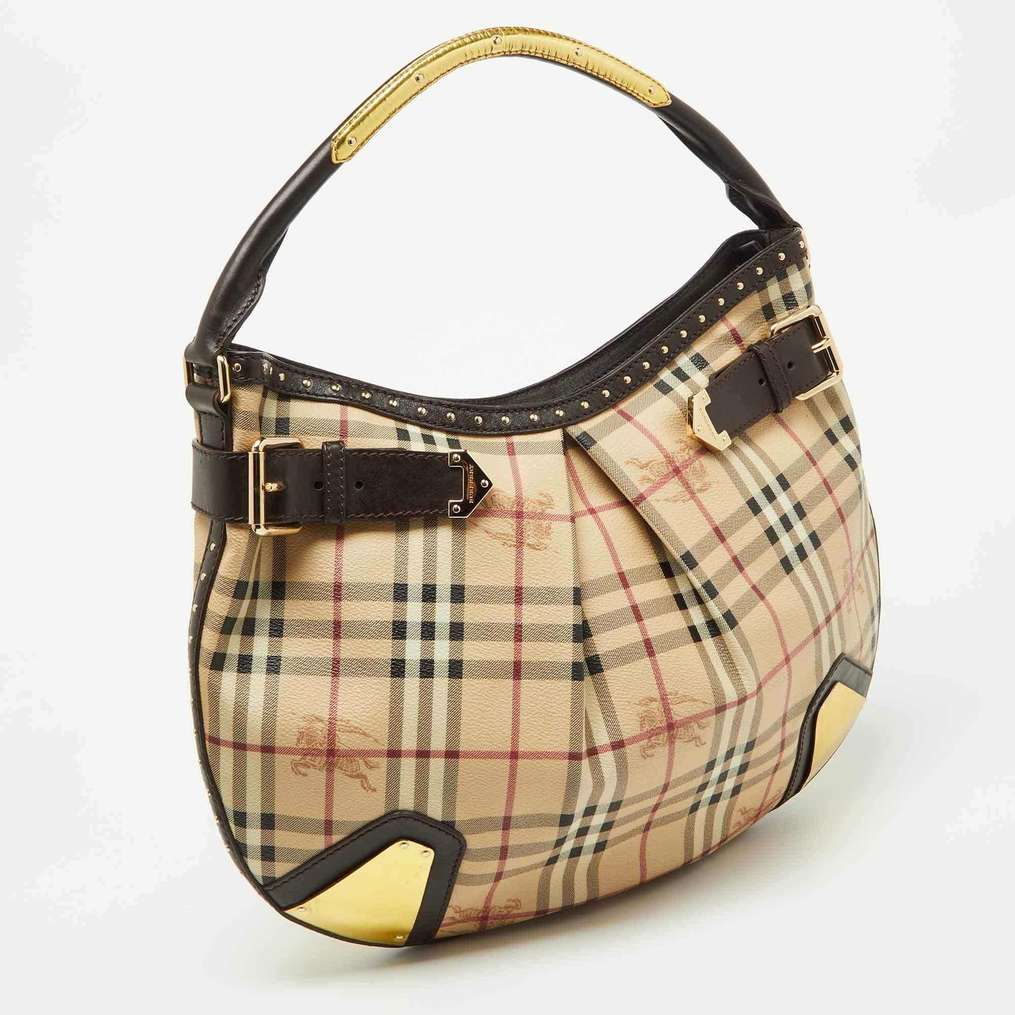 Burberry Dark Brown/Beige House Check PVC and Leather Studded Hartley Hobo 6