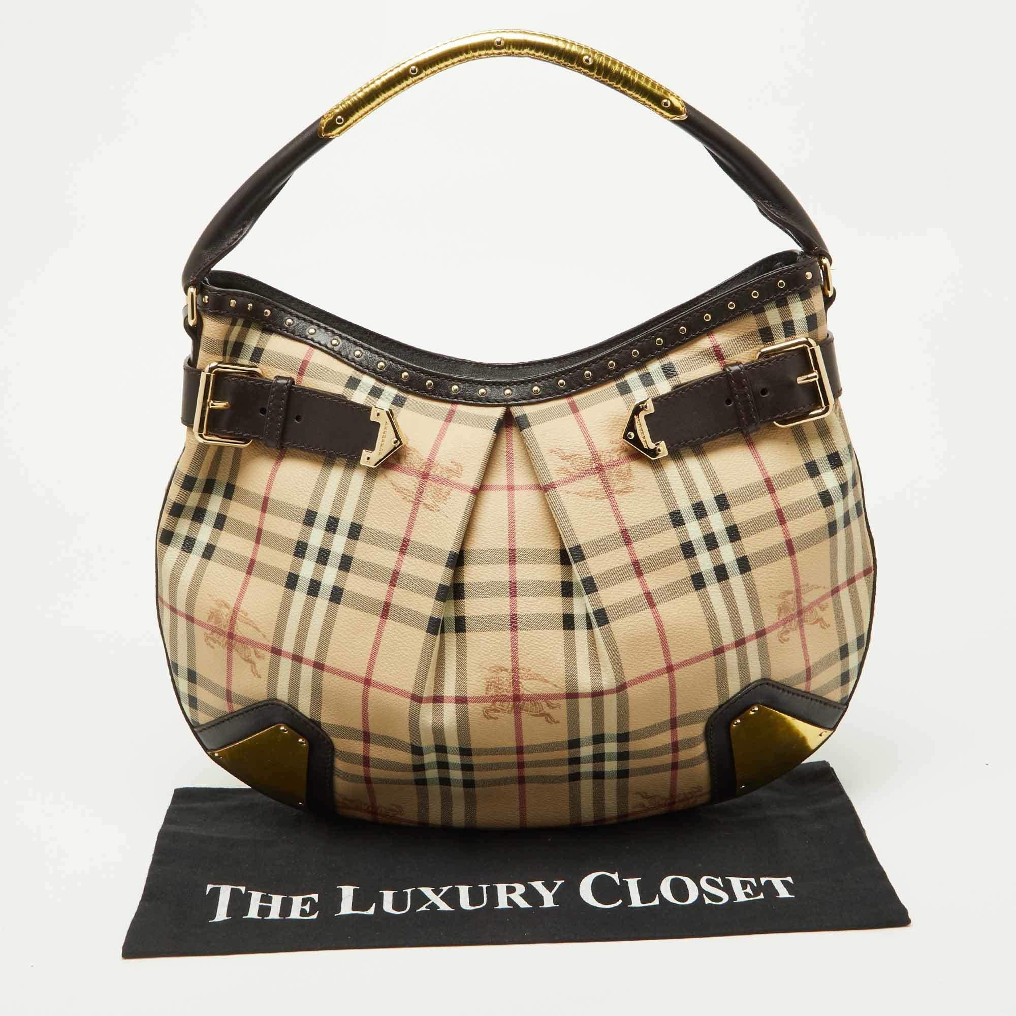 Burberry Dark Brown/Beige House Check PVC and Leather Studded Hartley Hobo 9