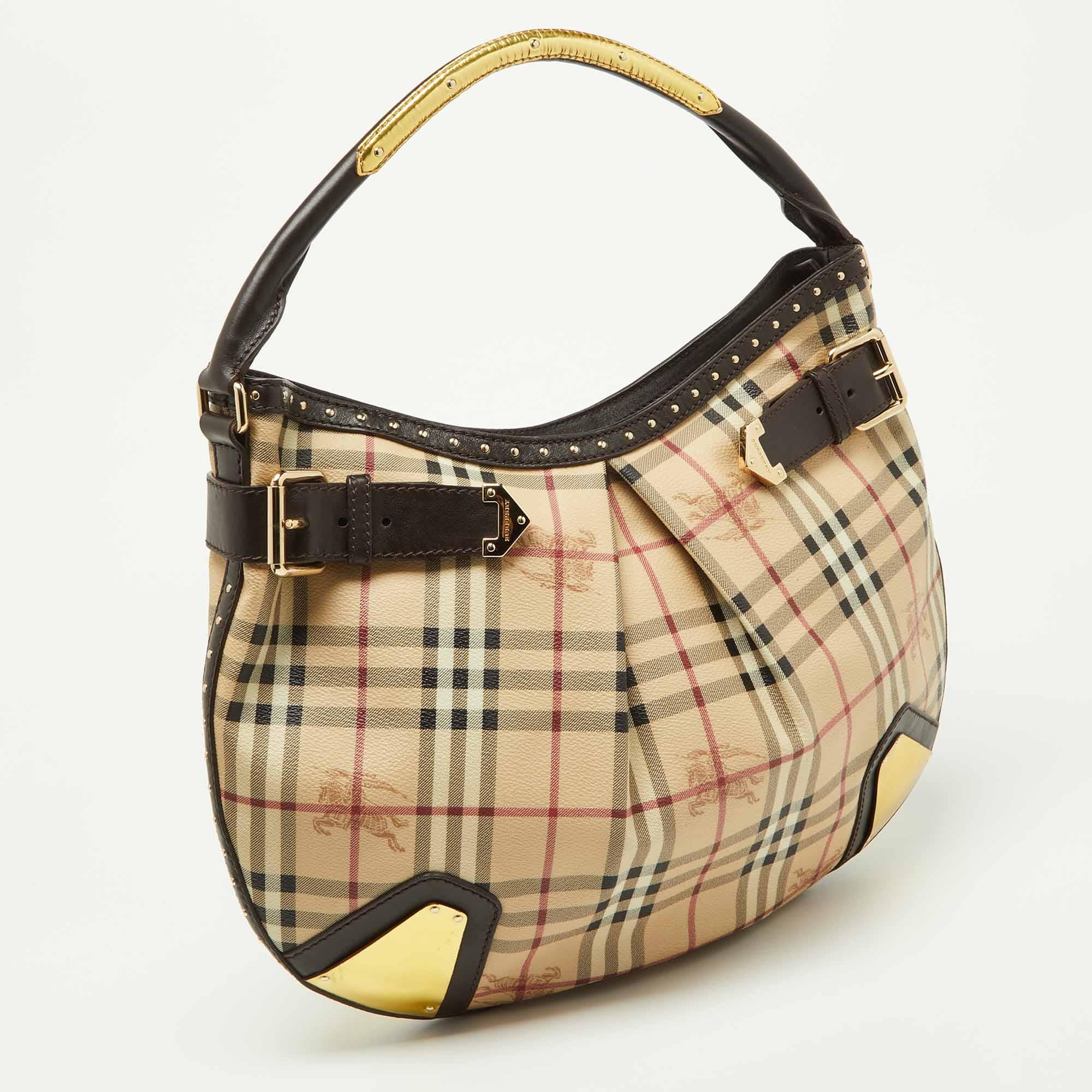 Burberry Dark Brown/Beige House Check PVC and Leather Studded Hartley Hobo In Good Condition For Sale In Dubai, Al Qouz 2