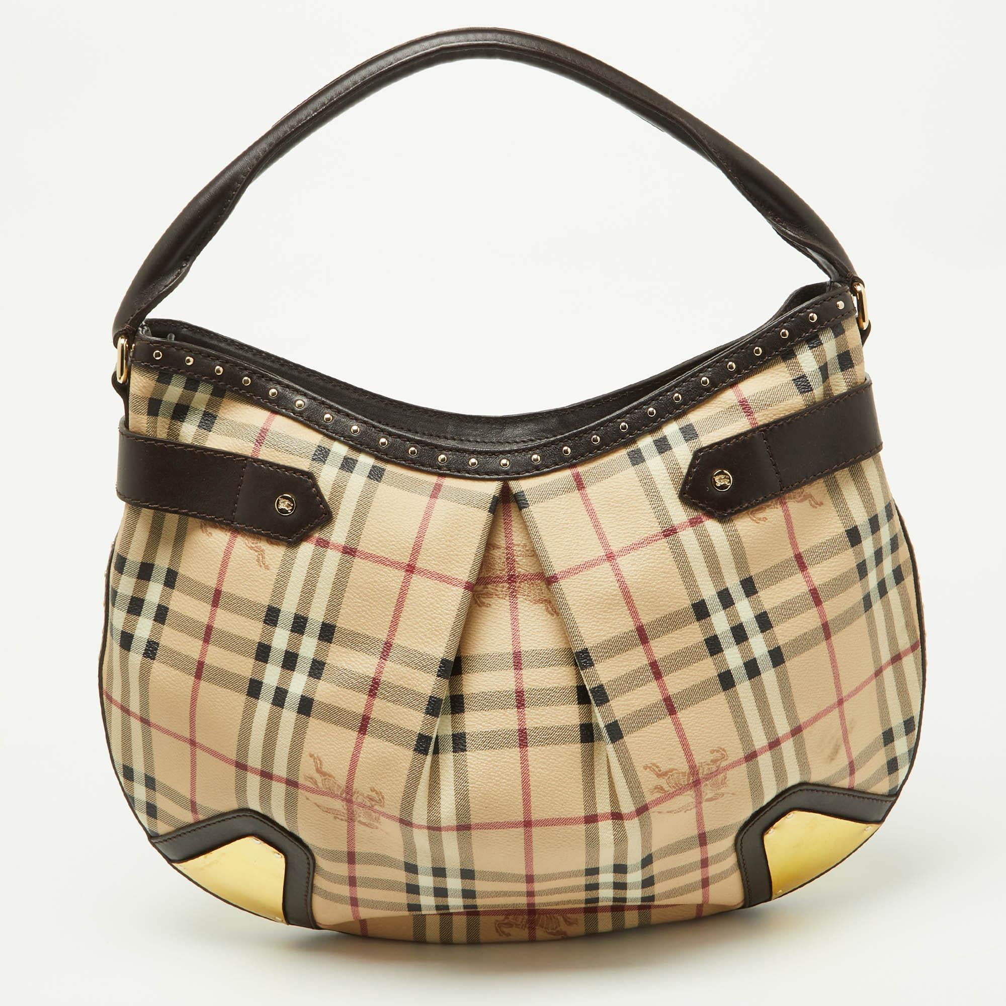 Women's Burberry Dark Brown/Beige House Check PVC and Leather Studded Hartley Hobo For Sale