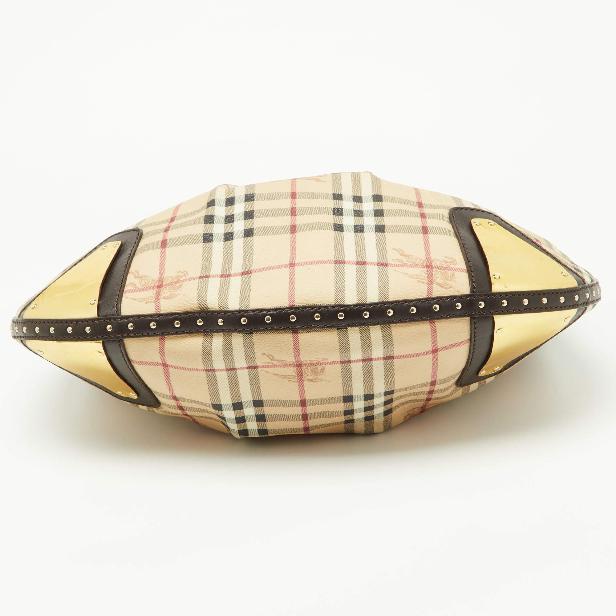 Burberry Dark Brown/Beige House Check PVC and Leather Studded Hartley Hobo 2