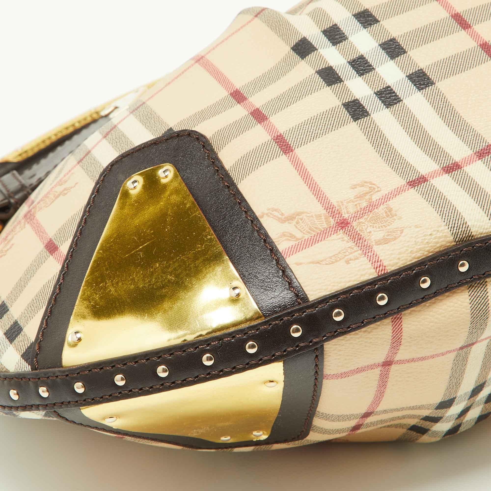 Burberry Dark Brown/Beige House Check PVC and Leather Studded Hartley Hobo 3