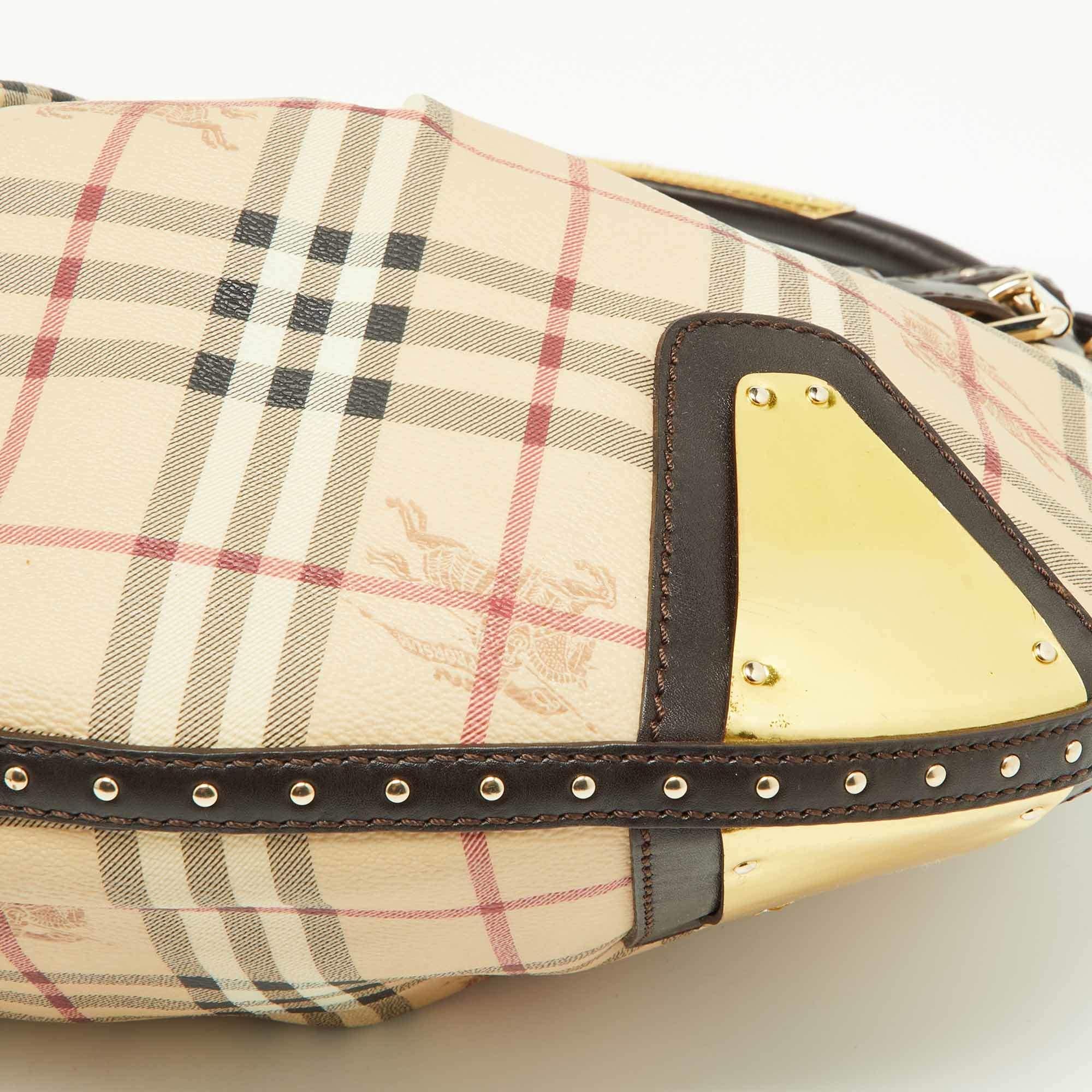 Burberry Dark Brown/Beige House Check PVC and Leather Studded Hartley Hobo 4