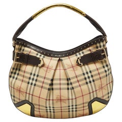 Burberry Dark Brown/Beige House Check PVC and Leather Studded Hartley Hobo