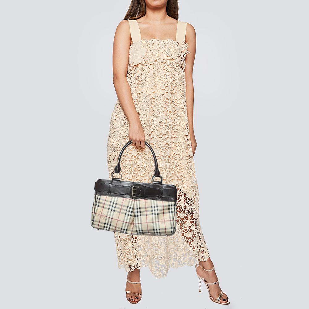 Burberry Dark Brown/Beige Leather And Haymarket Check Coated Canvas Bridle Tote In Good Condition In Dubai, Al Qouz 2