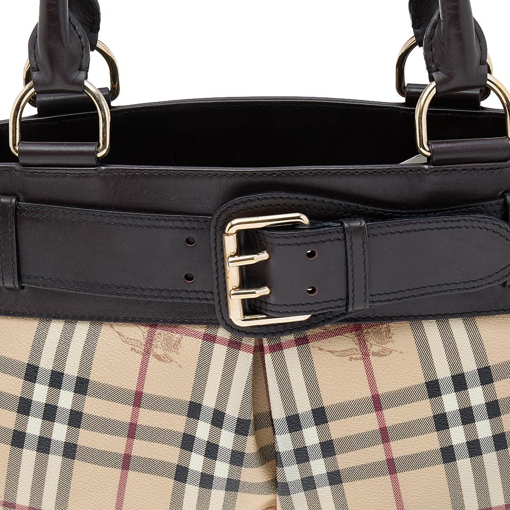 Burberry Dark Brown/Beige Leather And Haymarket Check Coated Canvas Bridle Tote 2