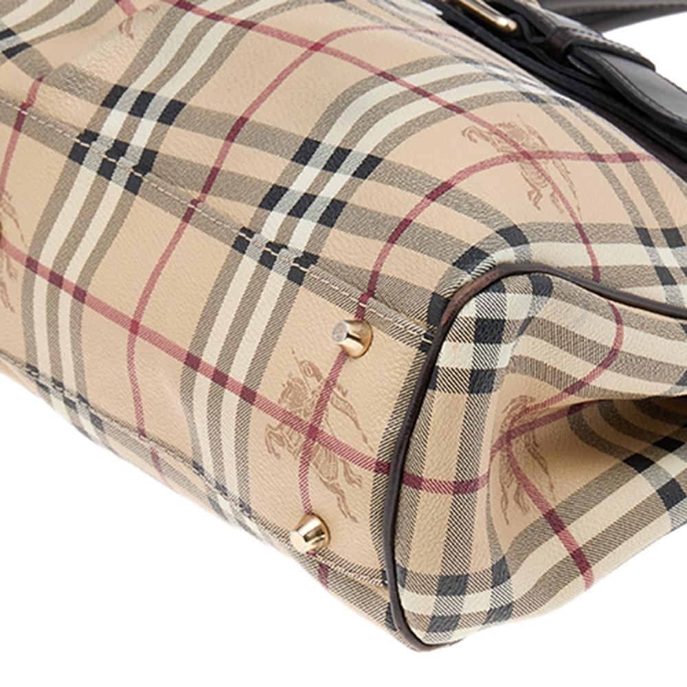 Burberry Dark Brown/Beige Leather And Haymarket Check Coated Canvas Bridle Tote 4