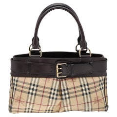 Burberry Dark Brown/Beige Leather And Haymarket Check Coated Canvas Bridle Tote