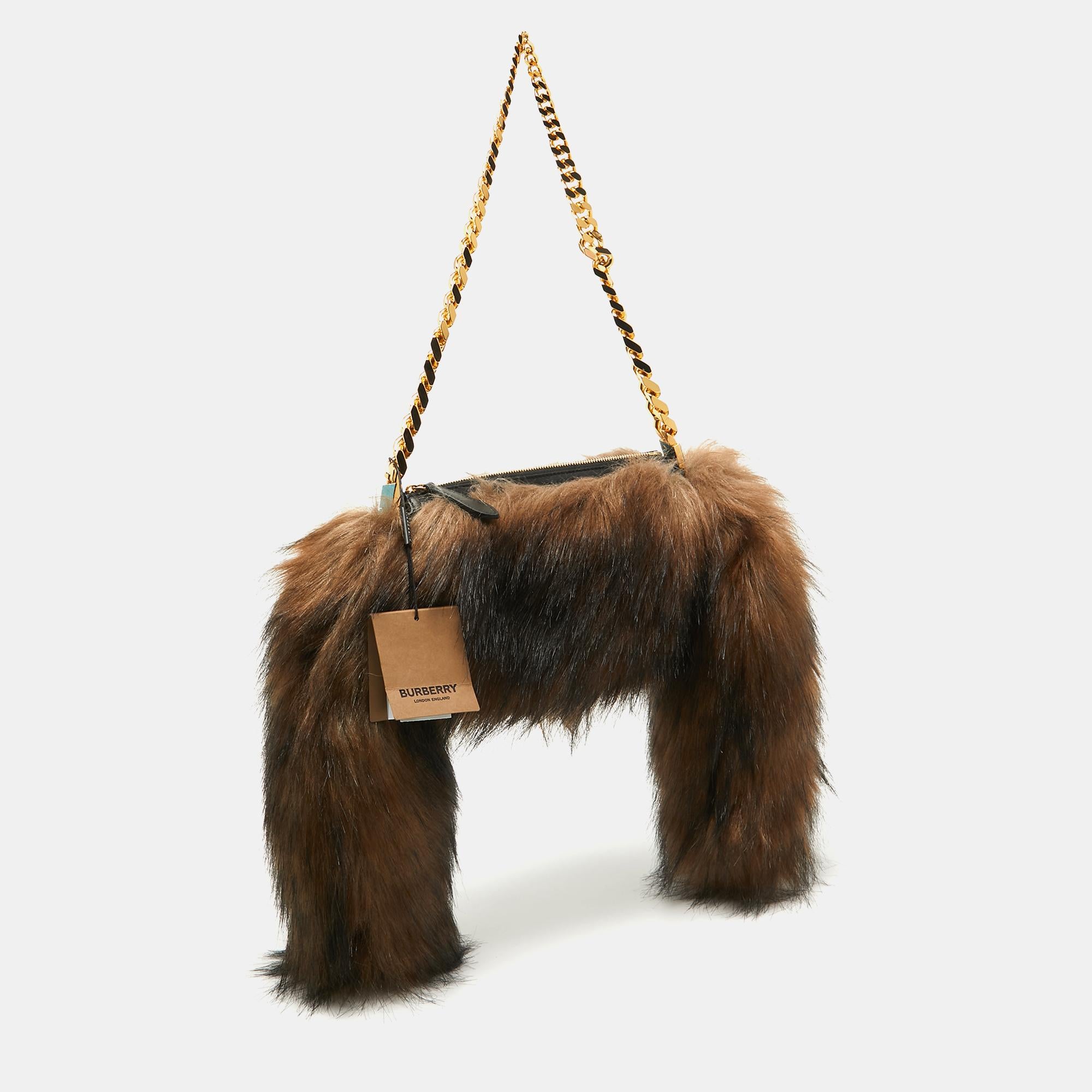 Burberry Dark Brown Faux Fur Mini Zip Olympia Bag For Sale 1