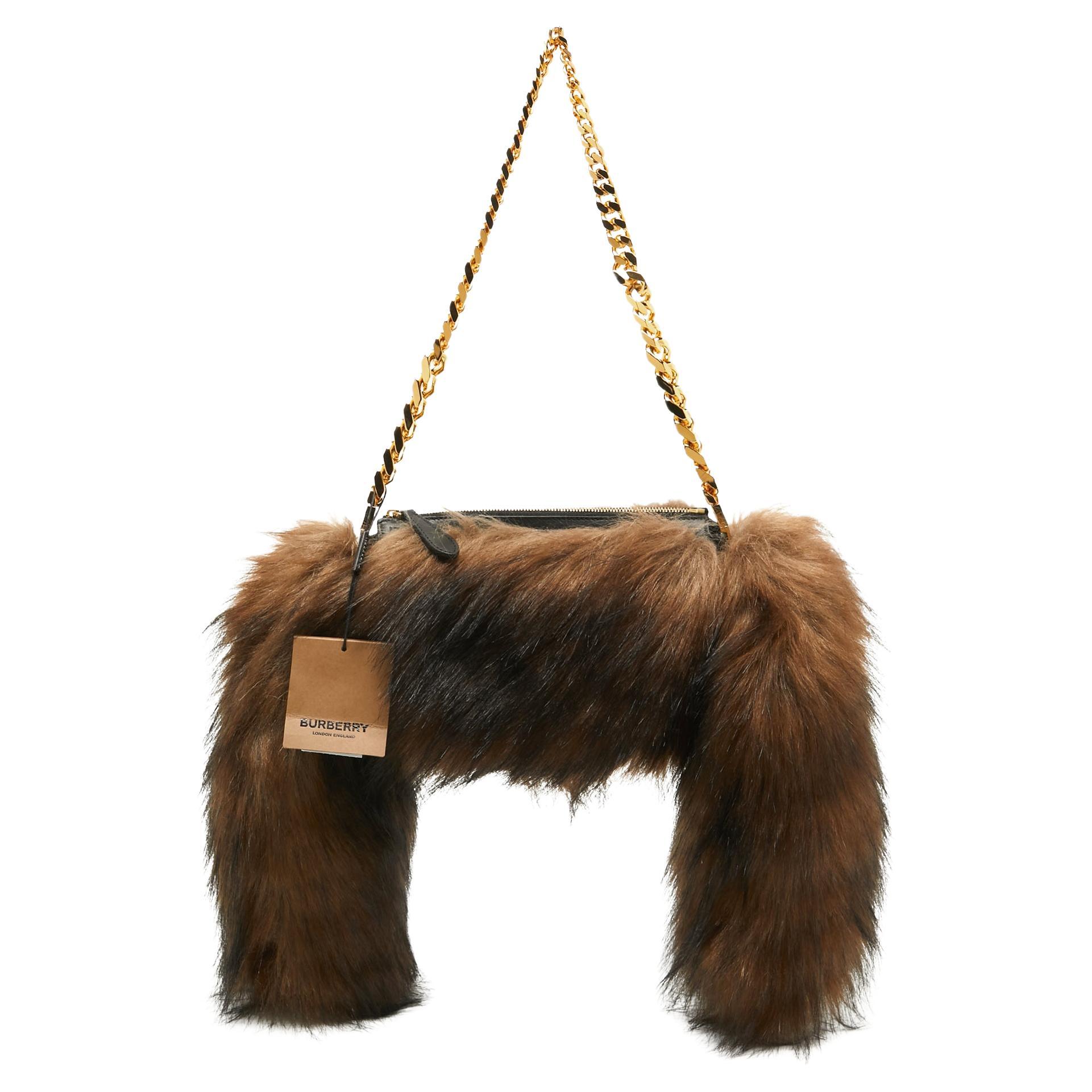 Burberry Dark Brown Faux Fur Mini Zip Olympia Bag For Sale