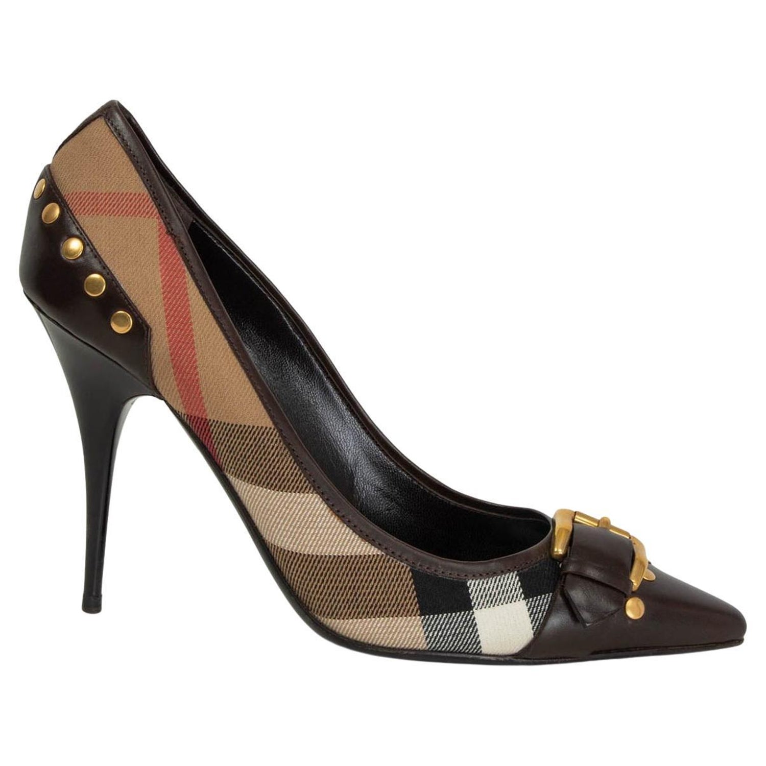 BURBERRY dark brown leather CLASSIC CHECK BUCKLE Pumps Shoes 39 For Sale at  1stDibs