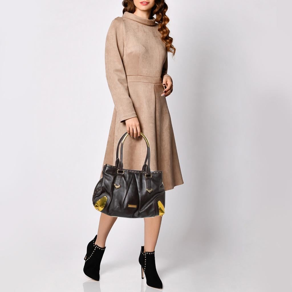 Black Burberry Dark Brown Leather Harwood Studded Tote