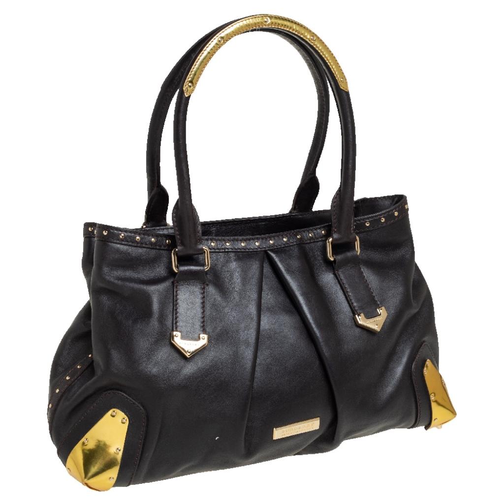 Burberry Dark Brown Leather Harwood Studded Tote In Good Condition In Dubai, Al Qouz 2