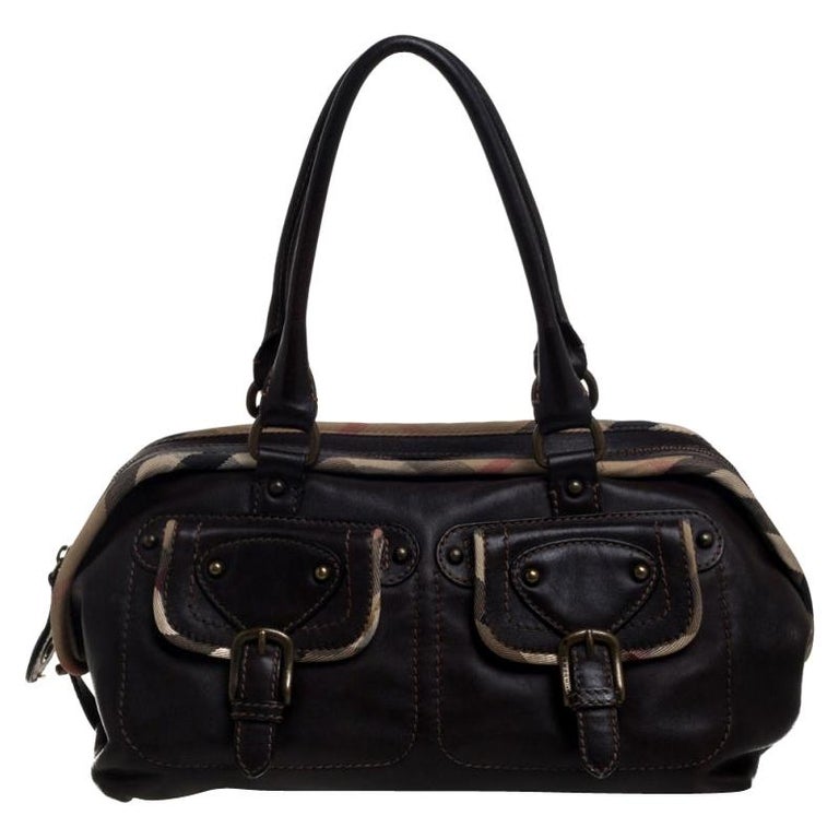 Burberry Dark Brown Leather with Nova Check Canvas Trim Front Pocket Satchel  For Sale at 1stDibs