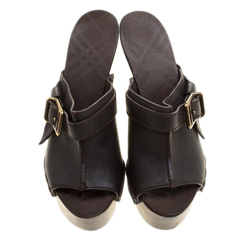 Burberry Dark Brown Leather Wooden Platform Peep Toe Slides Size 40 For ...