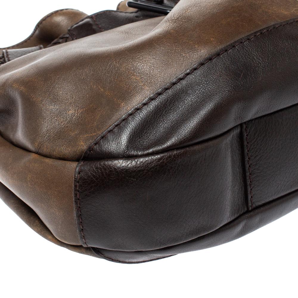 Burberry Dark Brown Logo Embossed Leather Buckle Detail Hobo 4