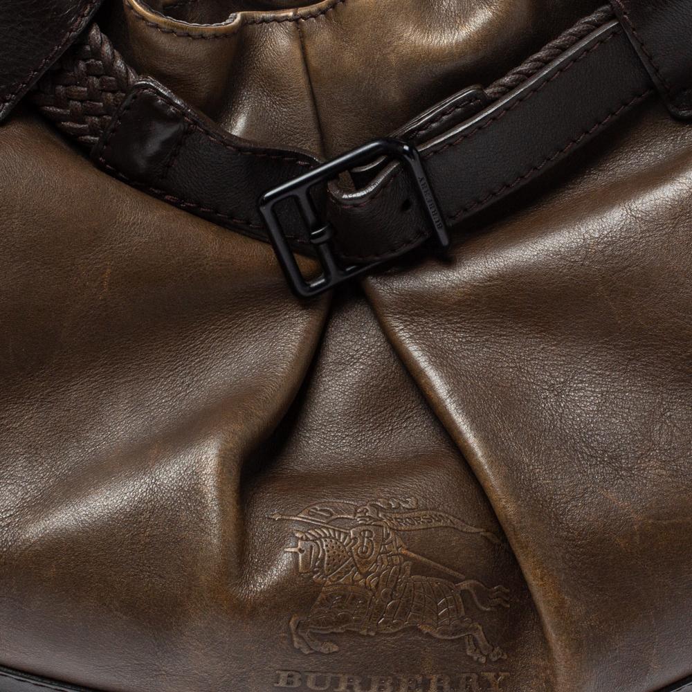 Burberry Dark Brown Logo Embossed Leather Buckle Detail Hobo 5