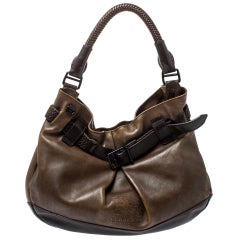 Burberry Dark Brown Logo Embossed Leather Buckle Detail Hobo