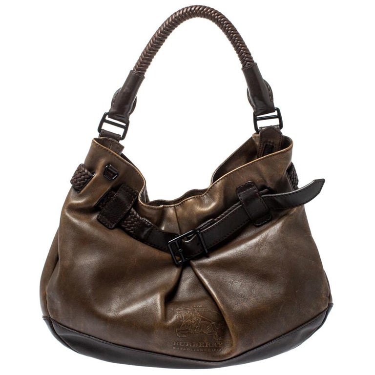 Burberry Dark Brown Logo Embossed Leather Buckle Detail Hobo For Sale ...