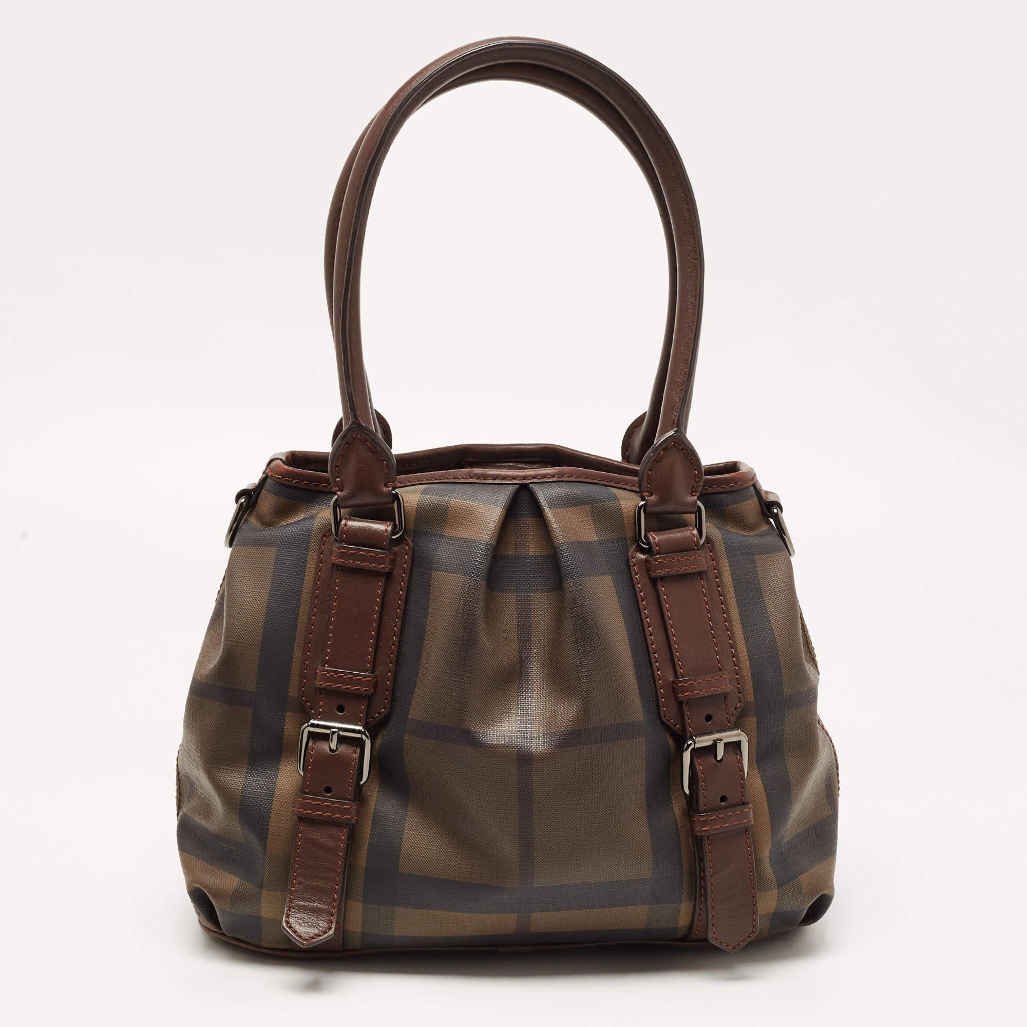 Women's Burberry Dark Brown Smoke Check PVC Small Northfield Tote