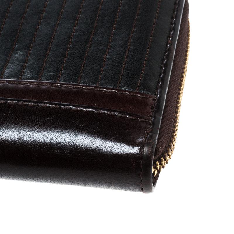 Burberry Dark Brown Striped Leather Zip Around Wallet 1
