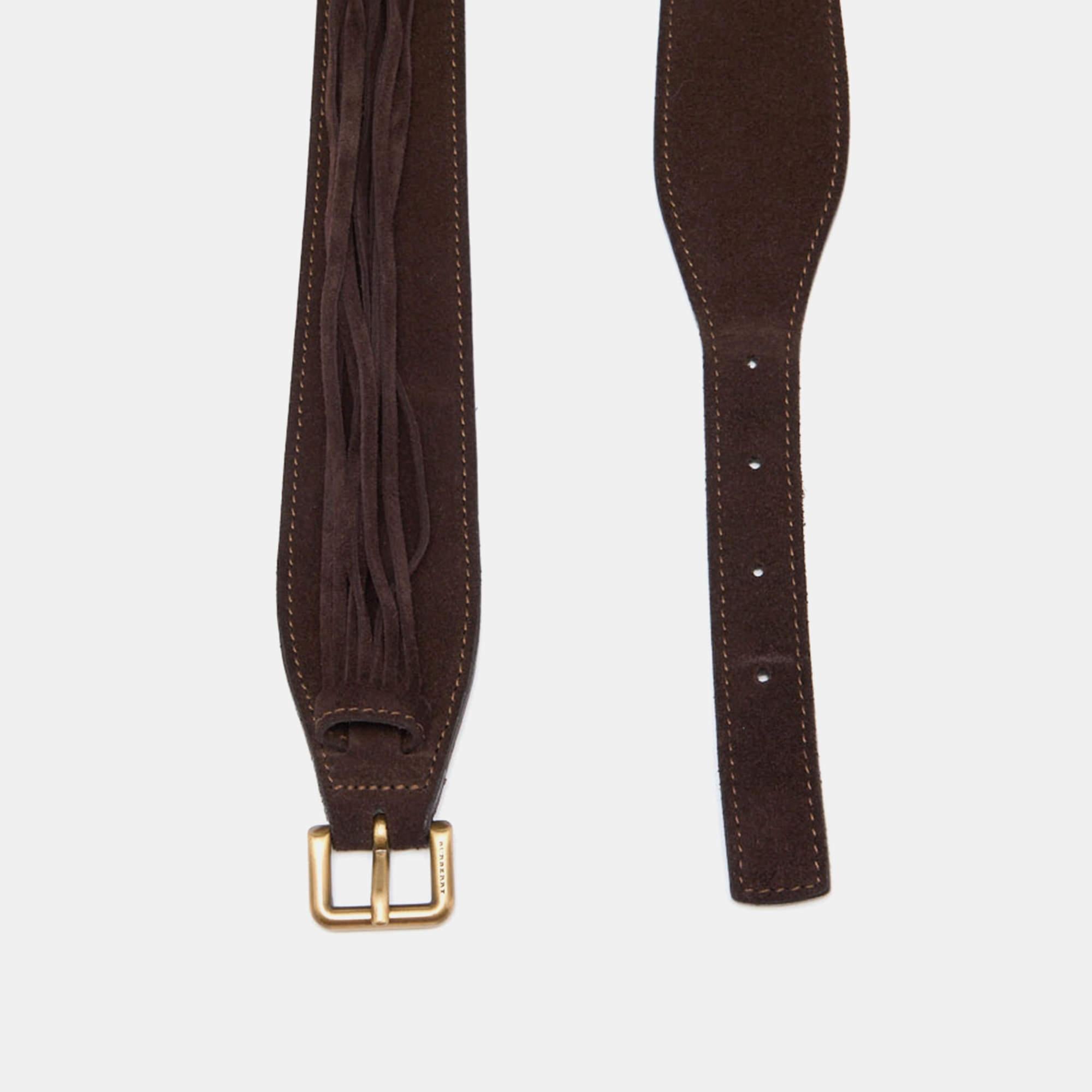 This waist belt by Burberry is designed with tan leather and brown suede. It is secured by a broze tone pin buckle. This wardrobe essential will continually complement your style.