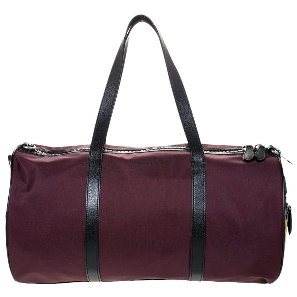 Burberry Dark Burgundy/Beige Nylon Medium Kennedy Duffel Bag