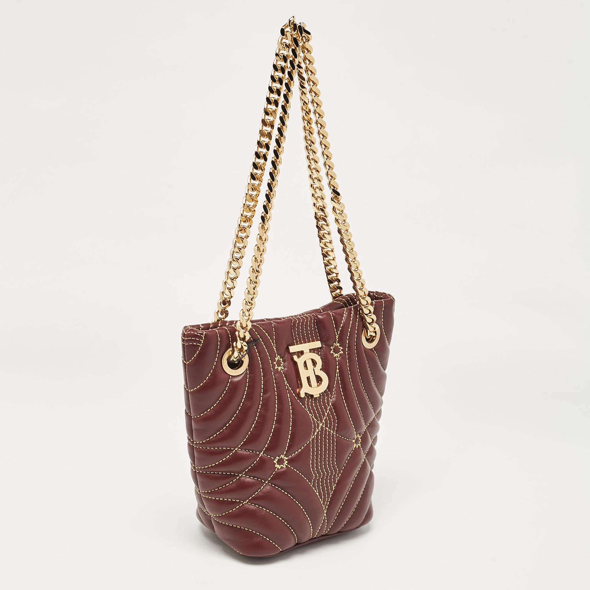 Brown Burberry Dark Maroon Leather Mini Lola Bucket Bag For Sale