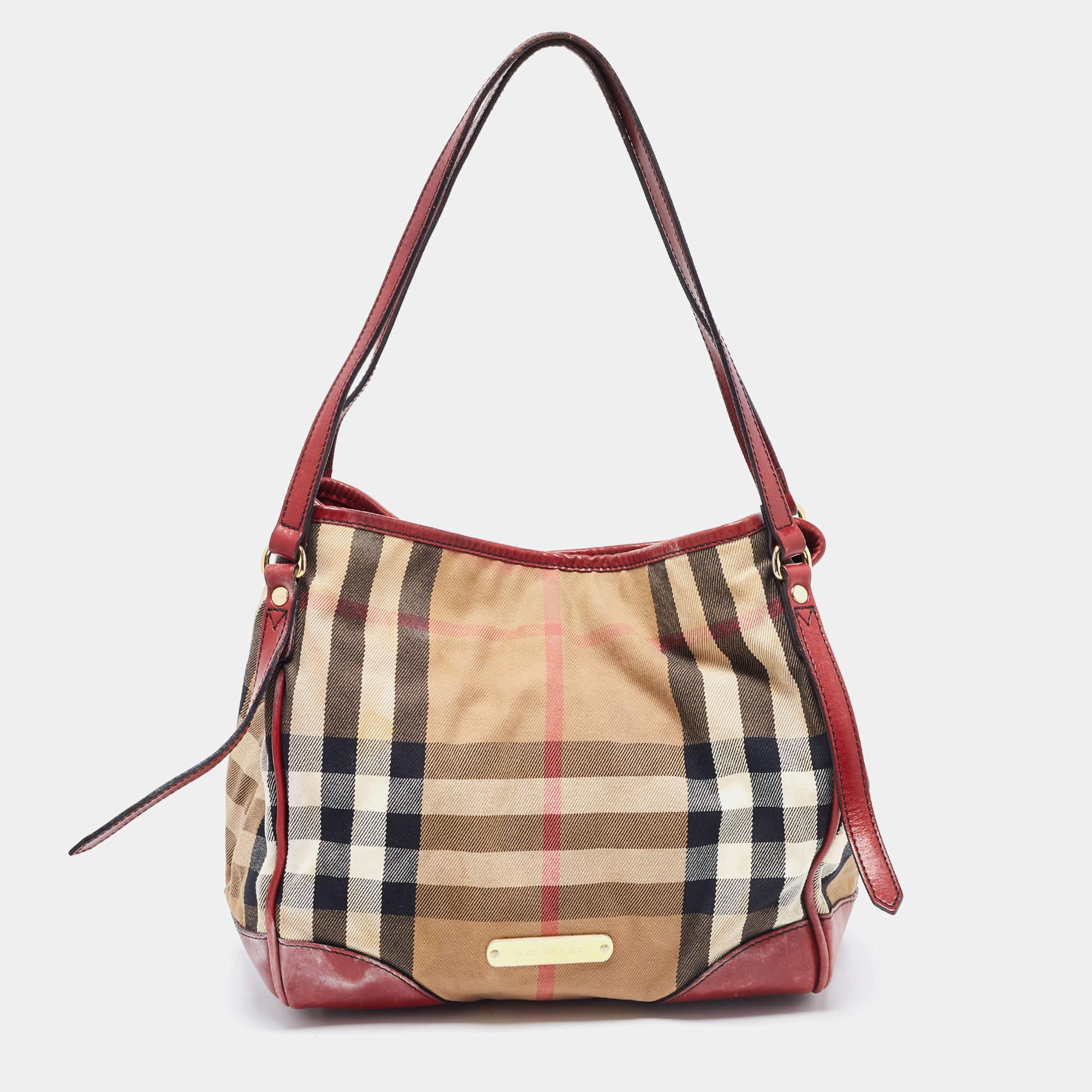 Burberry Dark Red/Beige House Check Canvas and Leather Small Canterbury Tote 8
