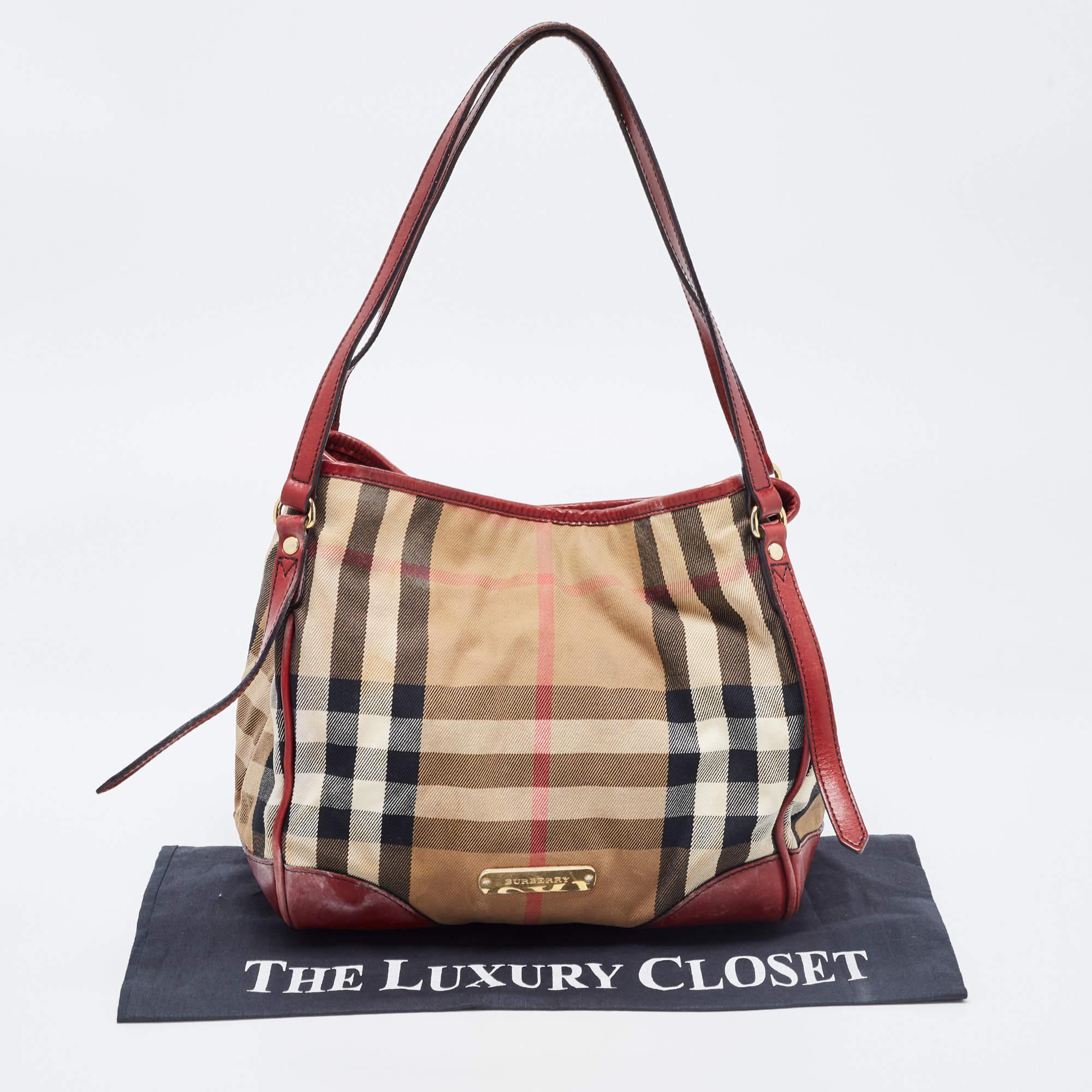 Burberry Dark Red/Beige House Check Canvas and Leather Small Canterbury Tote 12