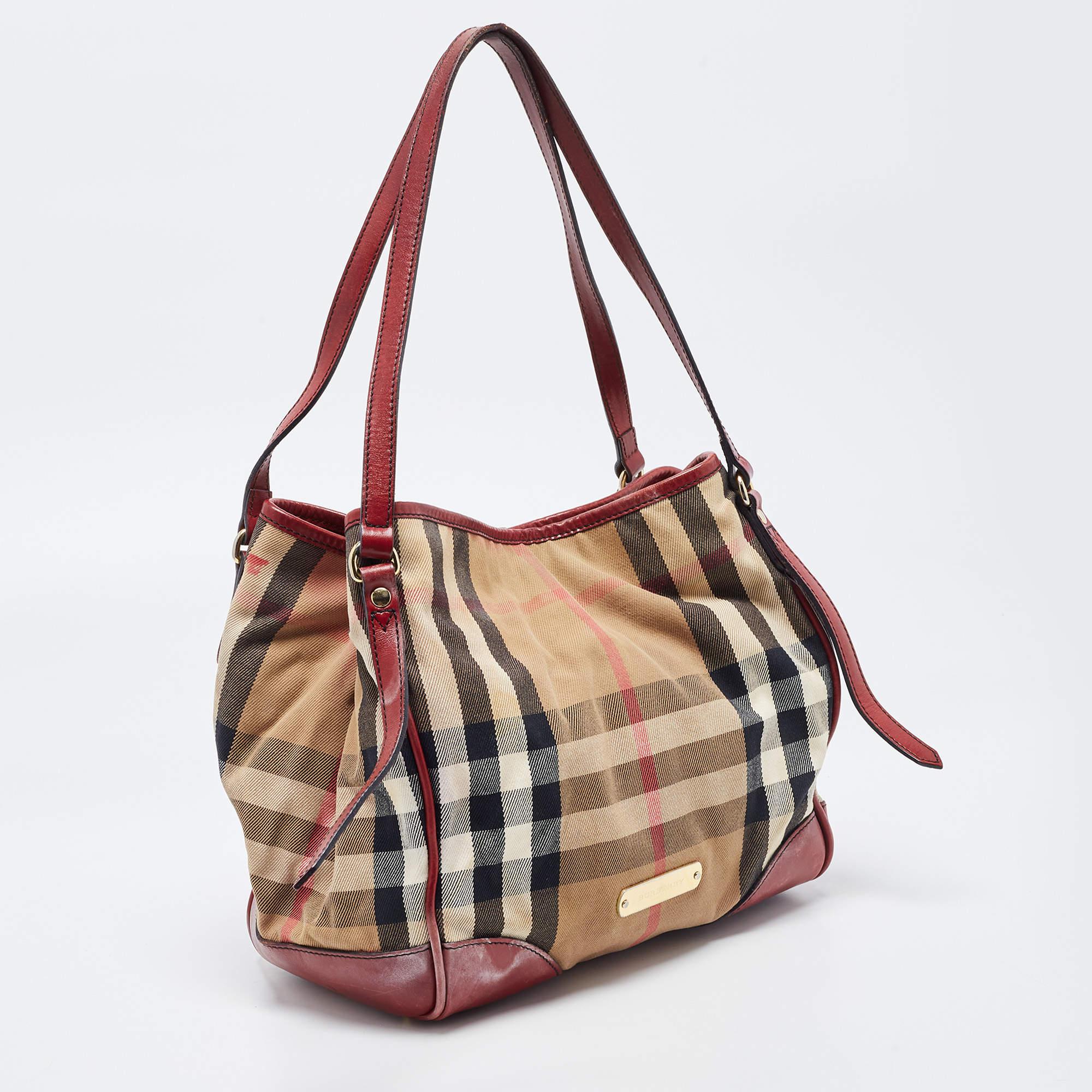 Brown Burberry Dark Red/Beige House Check Canvas and Leather Small Canterbury Tote