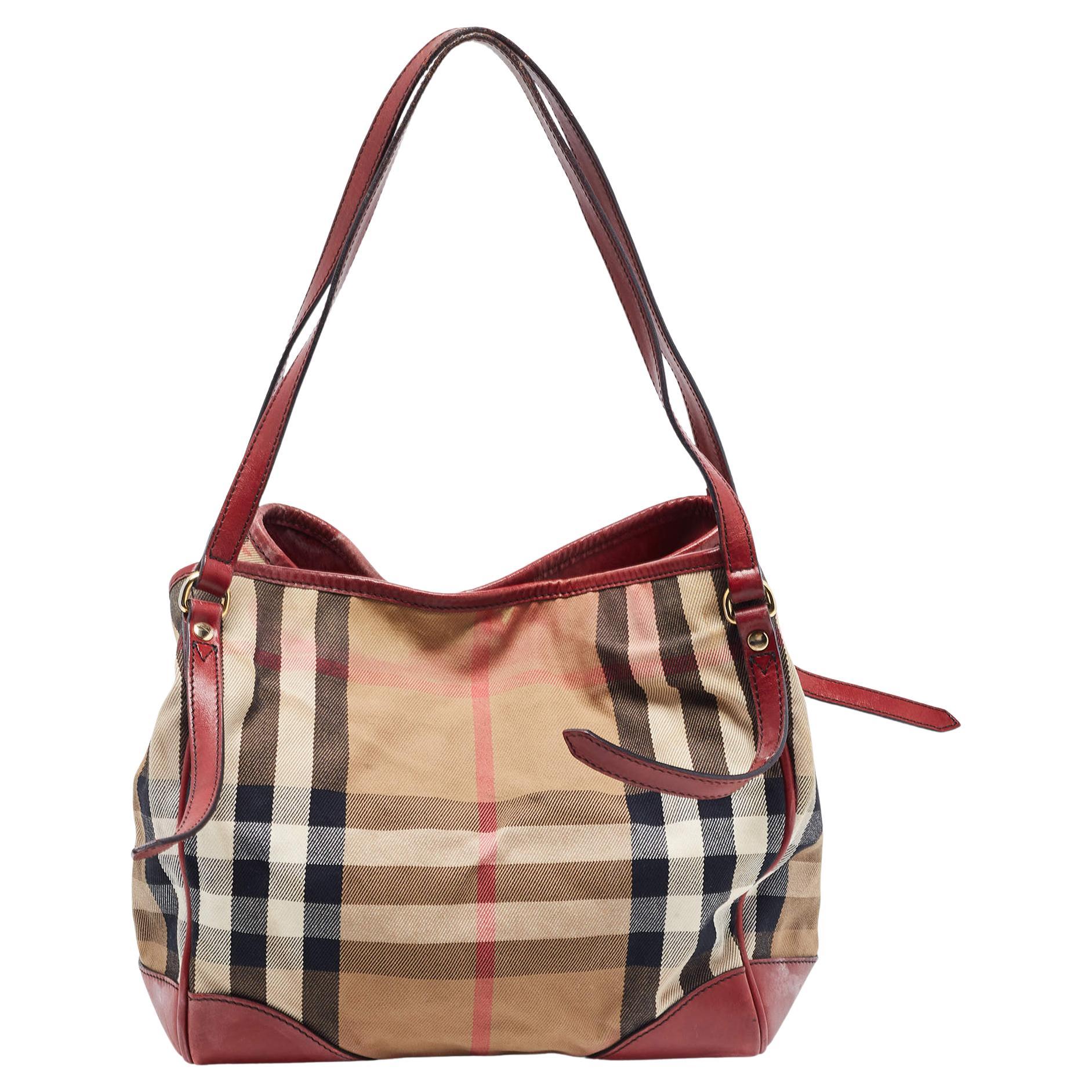 Burberry Dark Red/Beige House Check Canvas and Leather Small Canterbury Tote
