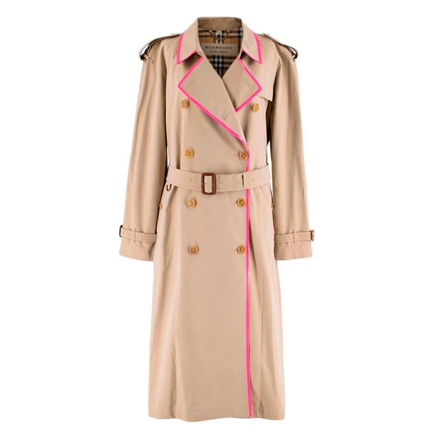 Women's Burberry Double Breasted Honey Trench Coat with Pink Patent Trim - Size US 12