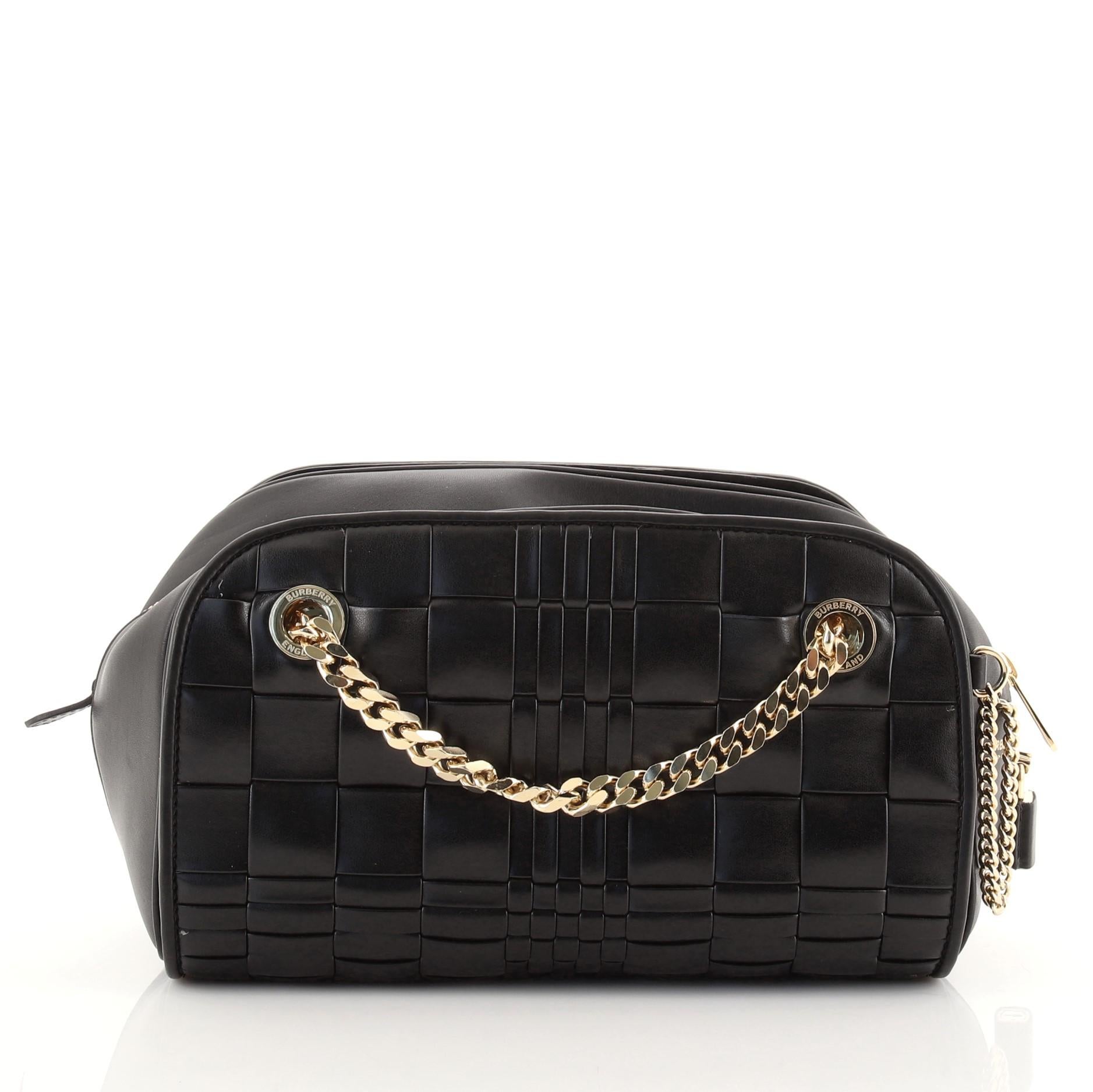 Black Burberry Double Cube Chain Bag Woven Leather Small