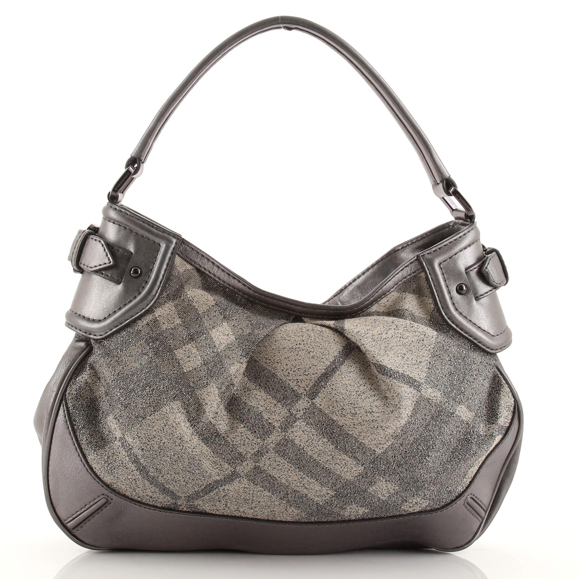 Gray Burberry Fairby Hobo Shimmer Nova Check Canvas with Leather Medium