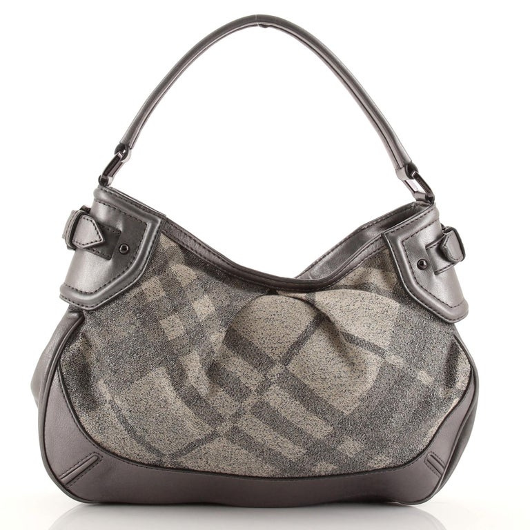 Burberry Metallic/Grey Beat Check Canvas and Leather Drawstring Hobo  Burberry
