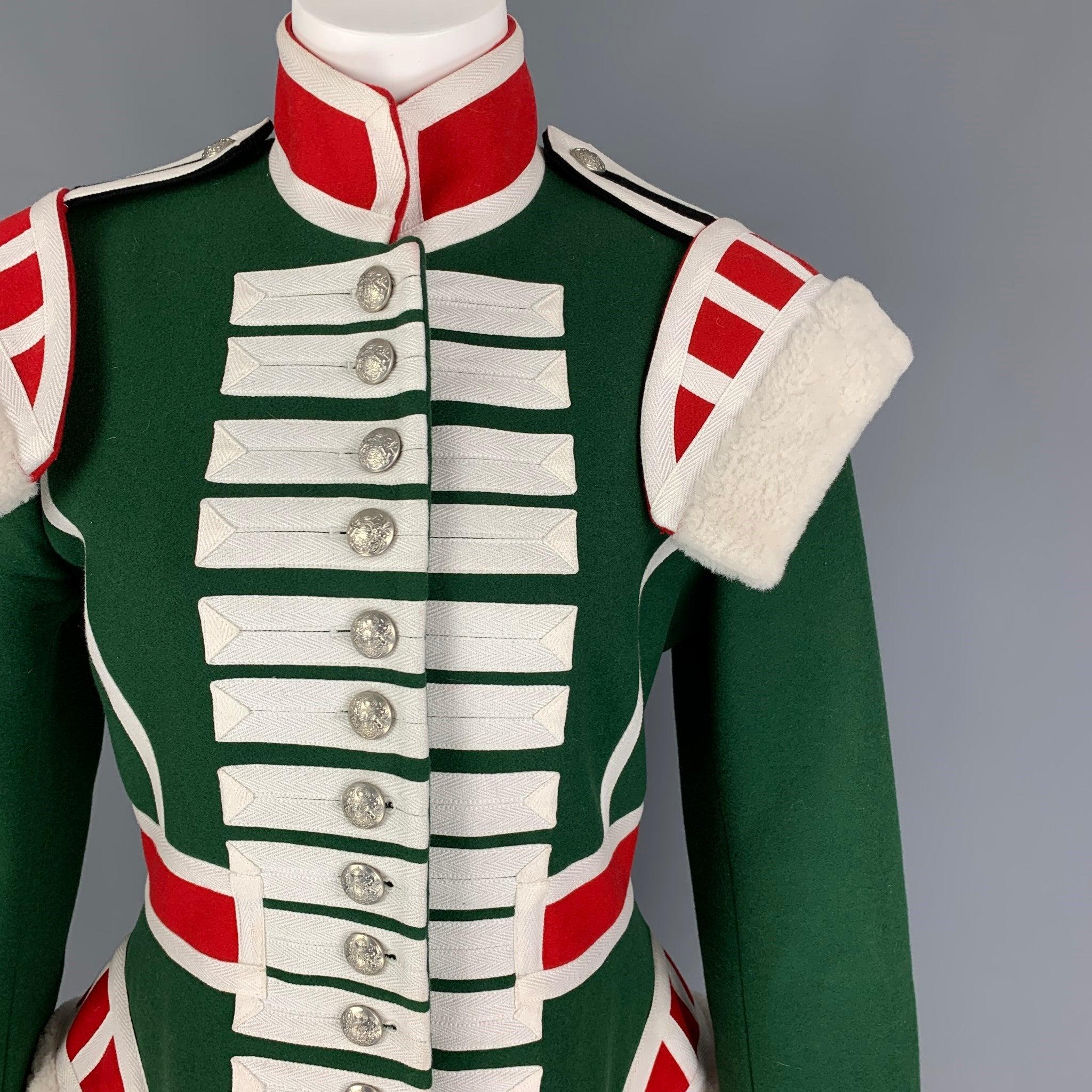 BURBERRY automne 2017 Taille 8 Manteau de cérémonie en laine bordé de peau de mouton rouge et vert Pour femmes en vente
